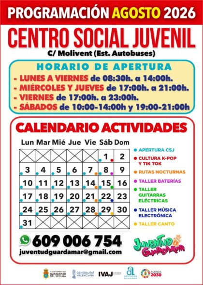 Guardamar del Segura, evento: Actividades del Centro Social Juvenil (CSJ) para jóvenes de 12 a 30 años, dentro de la agenda municipal de agosto del Ayuntamiento