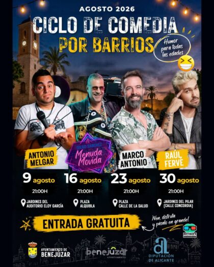 Benejúzar, evento cultural: Espectáculo de monólogos por Marco Antonio en el IV Ciclo de Comedia por Barrios, dentro de los actos de agosto organizados por el Ayuntamiento