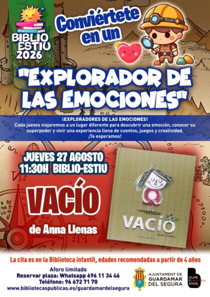 Guardamar del Segura, evento: Taller de 'Explorador de las emociones' con el cuento 'Vacío' para edades a partir de 4 años en la 'Biblio-estiu', dentro de la agenda municipal de agosto del Ayuntamiento