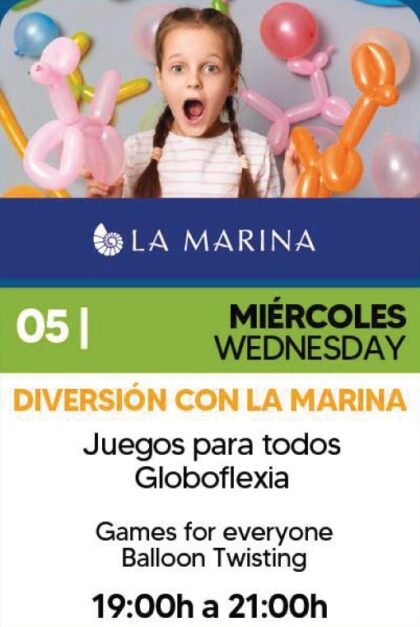 Orihuela Costa, evento: Actividades para toda la familia como juegos en la fuente y globoflexia, por 'La Marina resort', dentro de los actos de agosto del Centro Comercial Zenia Boulevard