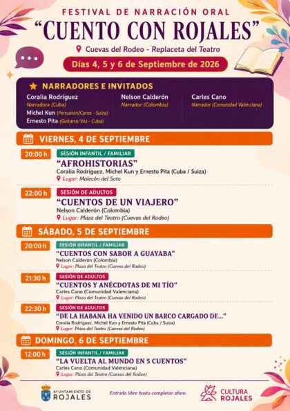 Rojales, evento cultural: Sesión infantil/familiar 'Afrohistorias' por la narradora Coralia Rodríguez y los invitados Michel Kun y Ernesto Pita en los actos del Festival de Narración Oral 'Cuento con Rojales', dentro de los actos de septiembre de la Concejalía de Cultura