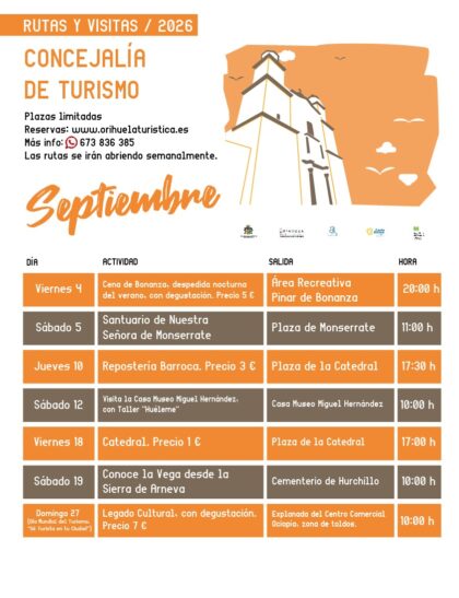 Orihuela, evento: Reservas para las rutas y visitas turísticas guiadas y actividades de septiembre, organizadas por la Concejalía de Turismo
