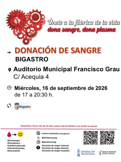 Bigastro, evento: Donación de sangre, organizada por el Centro de Transfusiones de la Comunidad Valenciana