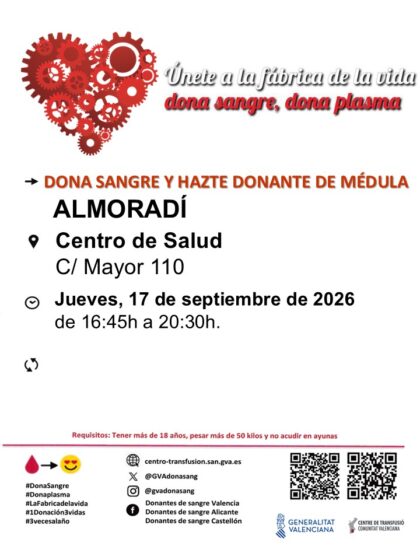 Almoradí, evento: Donación de sangre y para hacerse donante de médula ósea, organizada por el Centro de Transfusiones de la Comunidad Valenciana