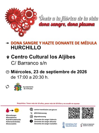 Hurchillo de Orihuela, evento: Donación de sangre y para hacerse donante de médula, organizada por el Centro de Transfusiones de la Comunidad Valenciana