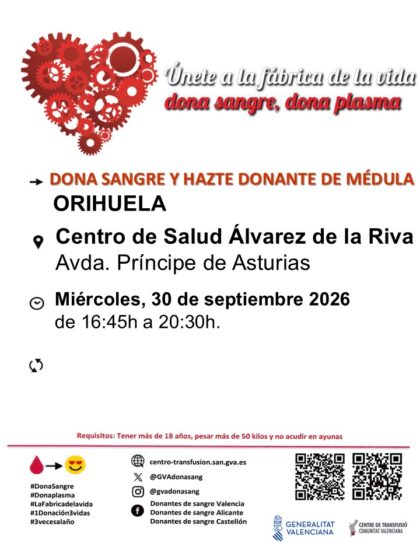 Orihuela, evento: Donación de sangre y para hacerse donante de médula, organizada por el Centro de Transfusiones de la Comunidad Valenciana