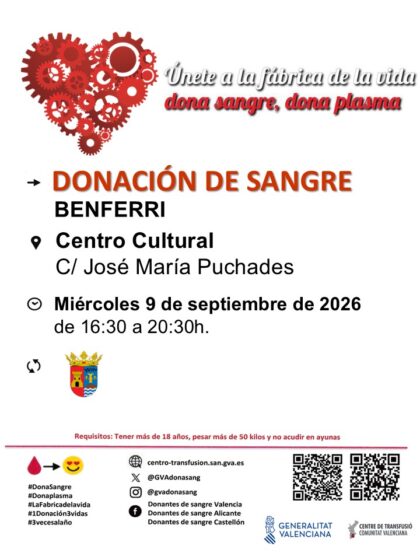 Benferri, evento: Donación de sangre, organizada por el Centro de Transfusiones de la Comunidad Valenciana