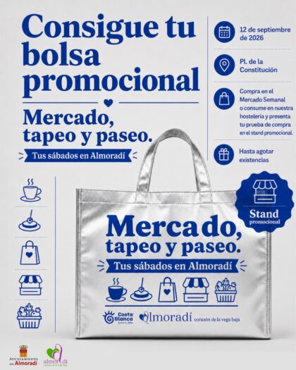 Almoradí, evento: Puesta en marcha de la nueva acción de promoción del mercado semanal con el lema 'Mercado, tapeo y paseo' y entrega de una bolsa diseñada para la campaña, organizada por el Ayuntamiento