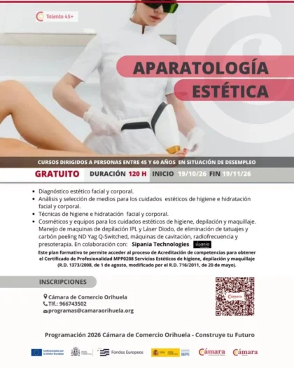 Orihuela, evento: Curso de aparatología estética dirigido a personas de 45 a 60 años desempleadas, organizado por la Cámara de Comercio de Orihuela