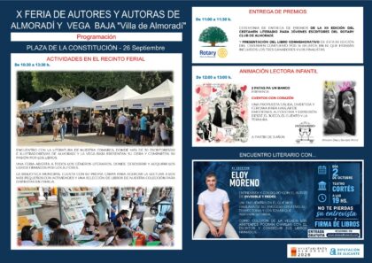 Almoradí, evento cultural: Presentaciones de libros de escritores e ilustradores, venta de ejemplares y firma de libros por una treintena de autores de la Vega Baja en la X Feria de Autores y Autoras de Almoradí y Vega Baja, dentro de los actos de las fiestas del Santísimo Cristo de las Campanas