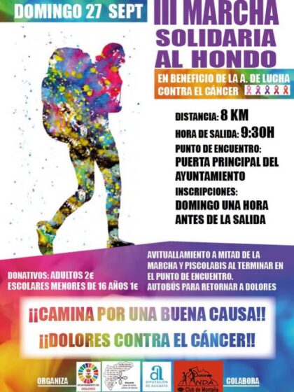 Dolores, evento: III Marcha Solidaria al parque natural 'El Hondo' de 8 kilómetros, organizada por el Ayuntamiento y asociación 'Alicante para la lucha contra el cáncer'