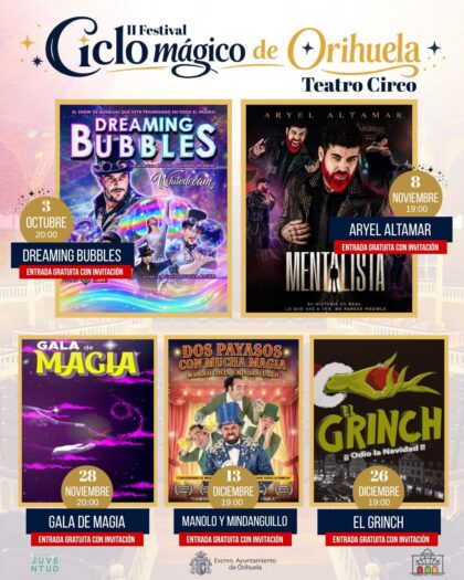 Orihuela, evento cultural: Espectáculo gratuito de pompas de jabón y de burbujas mágicas 'Dreaming bubbles', por el artista 'Whitedream', en el II Festival 'Ciclo de magia', dentro de la programación del tercer cuatrimestre de 2026 del Teatro Circo 'Atanasio Die'