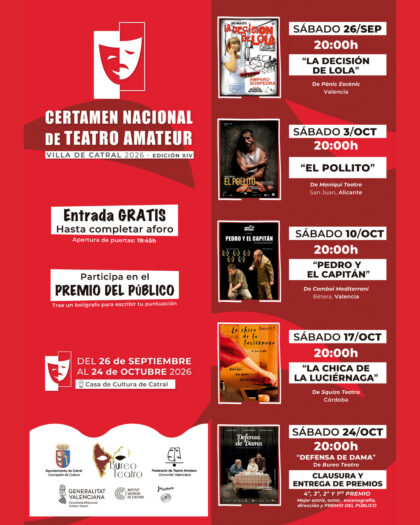 Catral, evento cultural: Representación de la obra de teatro 'El pollito', por la compañía 'Maniquí Teatre', de San Juan de Alicante, dentro del XIV Certamen Nacional de Teatro Amateur 'Villa de Catral 2026'