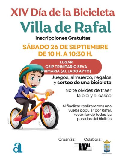 Rafal, evento: XIV Día de la Bicicleta 'Villa de Rafal' con juegos, almuerzo y sorteo de una bicicleta, dentro de los actos de las fiestas patronales en honor a la Virgen del Rosario