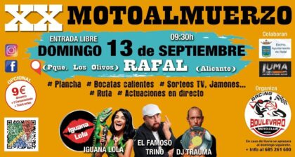 Rafal, evento: XX Motoalmuerzo con 'Iguana Lola', 'El famoso Trino' y sesión del dj 'Trauma', dentro de los actos de las fiestas patronales en honor a la Virgen del Rosario
