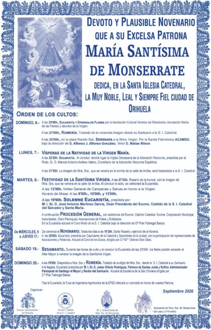 Orihuela, evento: Celebración de la misa con la actuación de la Escolanía de la seo oriolana, dentro de los actos de las fiestas patronales de la Virgen de Monserrate