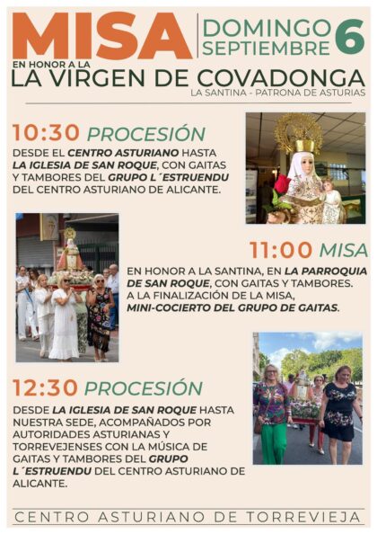 Torrevieja, evento: Procesión con gaitas y tambores del grupo 'L'estruendu' del Centro Asturiano de Alicante, dentro de los actos de la fiesta en honor a Nuestra Señora de Covadonga, patrona de Asturias, organizada por el Centro Asturiano de Torrevieja
