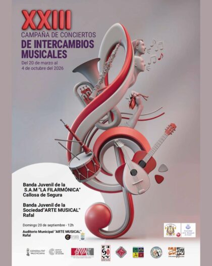 Rafal, evento cultural: Concierto de intercambios musicales entre la banda juvenil de la S.A.M. 'La filarmónica' de Callosa de Segura y la banda juvenil de la Sociedad 'Arte musical' de Rafal en la XXIII Campaña de Conciertos de Intercambio Musicales, organizado por la Concejalía de Cultura
