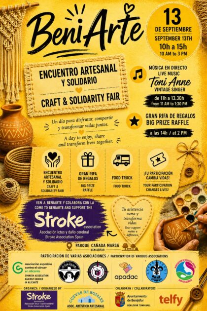 Benijófar, evento cultural: Actuación de música en directo por la cantante Toni Anne, dentro de los actos del encuentro artesanal solidario ‘BeniArte’ organizado por la asociación de ictus y daño cerebral ‘Stroke association’ y la asociación artístico artesanal ‘Cuevas de Rojales’