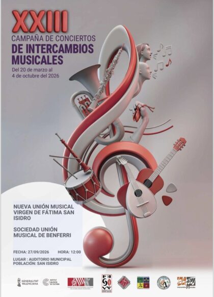 San Isidro, evento cultural: Concierto de intercambio con la Sociedad Nueva Unión Musical de Benferri y la Nueva Sociedad Unión Musical 'Virgen de Fátima' de San Isidro, dentro de la XXIII Campaña de Conciertos de Intercambios Musicales