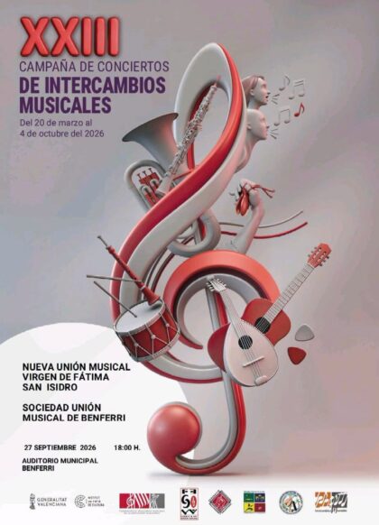 Benferri, evento cultural: Concierto de intercambio con la Unión Musical de Benferri y la Nueva Unión Musical 'Virgen de Fátima' de San Isidro en la XXIII Campaña de Conciertos de Intercambios Musicales, dentro de las fiestas patronales en honor a San Jerónimo y la Virgen del Rosario