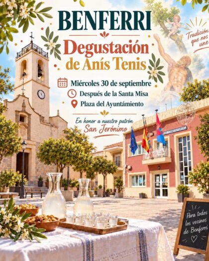 Benferri, evento: Procesión en honor al patrón San Jerónimo, castillo de fuegos artificiales y degustación de anís tenis, dentro de las fiestas patronales en honor a San Jerónimo y la Virgen del Rosario