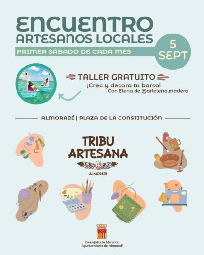 Almoradí, evento: Encuentro de artesanos locales con taller gratuito para crear y decorar un barco y muestra de productos artesanales, como 'crochet', macramé, artesanía en vidrio, pintura, cerámica, orfebrería, madera, impresión 3D, bordado, entre otros, organizado por la Concejalía de Mercado