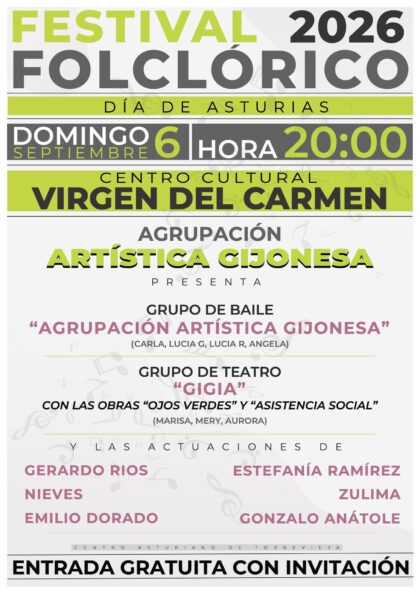 Torrevieja, evento cultural: Festival folclórico del 'Día de Asturias', con la 'Agrupación artística gijonesa', en las fiestas en honor a la Virgen de Covadonga, dentro de la programación cultural para el segundo cuatrimestre de 2026 organizada por la Concejalía de Cultura