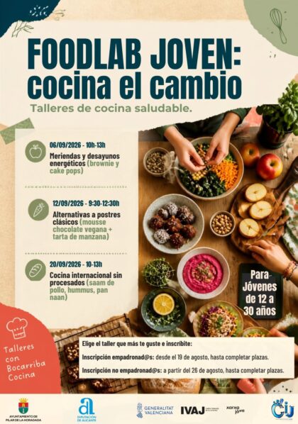 Pilar de la Horadada, evento: Taller de cocina saludable 'Meriendas y desayunos energéticos ('brownie' y 'cake pops')' para jóvenes de 12 a 30 años, dentro del ciclo 'Foodlab joven: Cocina el cambio' organizado por el Centro de Información Juvenil (CIJ)