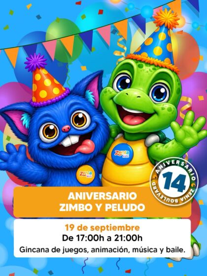 Orihuela Costa, evento: Gincana de juegos, animación, música, baile y actividades para niños con las mascotas Zimbo y Peludo, dentro de los actos de septiembre del Centro Comercial Zenia Boulevard en su 14º aniversario