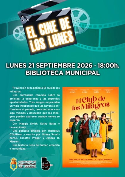 Guardamar del Segura, evento cultural: Sesión de cine con la película irlandesa-británica 'El club de los milagros' (2023), con Maggie Smith y Kathy Bates, en el ciclo 'El cine de los lunes', dentro de la agenda municipal de septiembre del Ayuntamiento