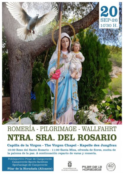 Pinar de Campoverde de Pilar de la Horadada, evento: Reparto de varas bendecidas y romería, dentro de los actos de la Romería de Nuestra Señora María del Rosario Pinar de Campoverde de Pilar de la Horadada, evento: Reparto de varas bendecidas y romería, dentro de los actos de la Romería de Nuestra Señora María del Rosario