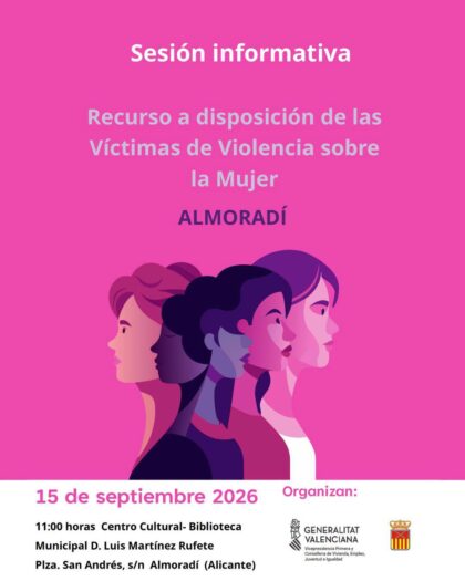Almoradí, evento: Sesión informativa 'Recurso a disposición de las víctimas de violencia sobre la mujer' para dar a conocer los recursos disponibles para las mujeres víctimas de violencia sobre la mujer, por el Centro Cultural de la Biblioteca Municipal 'Luis Martínez Rufete', organizada por las concejalías de Bienestar Social y de Igualdad