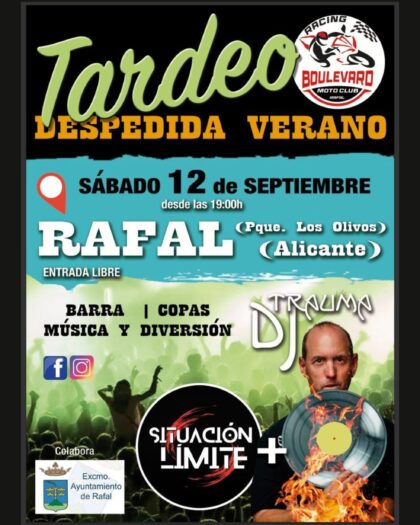 Rafal, evento cultural: Tardeo de despedida de verano con la actuación del grupo 'Situación límite' y del dj 'Trauma', dentro de los actos de las fiestas patronales en honor a la Virgen del Rosario