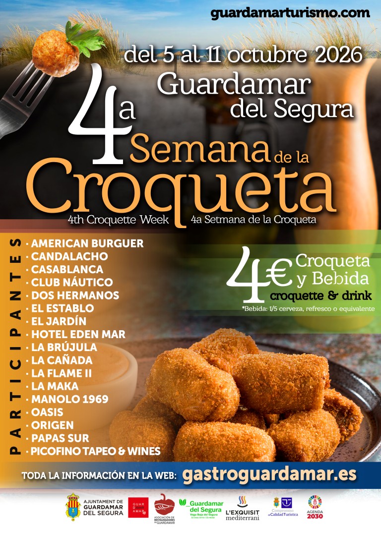 Guardamar del Segura, evento: 4ª Semana de la Croqueta en 17 locales gastronómicos, dentro de la agenda municipal de octubre 2026 del Ayuntamiento