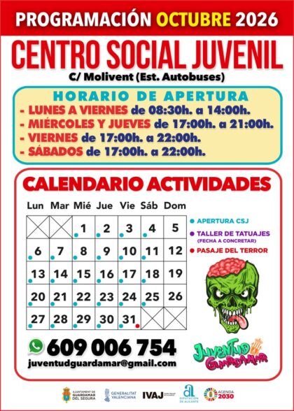Guardamar del Segura, evento: Actividades del Centro Social Juvenil (CSJ) para jóvenes de 12 a 30 años, dentro de la agenda municipal de octubre del Ayuntamiento