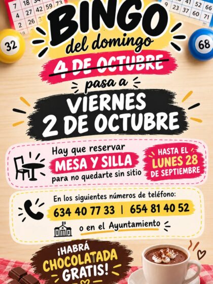 Benferri, evento: ADELANTADO al VIERNES 2 de OCTUBRE Bingo loto con chocolatada y dulces, dentro de las fiestas patronales en honor a San Jerónimo y la Virgen del Rosario