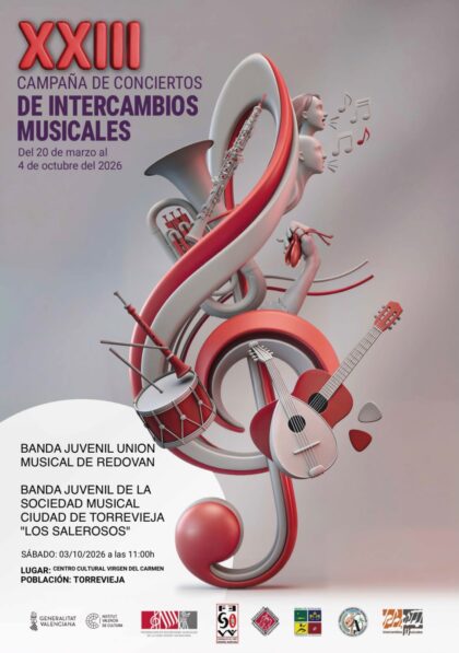 Torrevieja, evento cultural: Concierto de intercambio musical por las banda juveniles de la Unión Musical de Redován y de la Sociedad Musical Ciudad de Torrevieja 'Los salerosos', dentro de la programación cultural para el tercer cuatrimestre de 2026 organizada por la Concejalía de Cultura