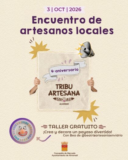 Almoradí, evento: Encuentro de artesanos locales con taller gratuito para crear y decorar un payaso divertido y muestra de productos artesanales, como 'crochet', macramé, artesanía en vidrio, pintura, cerámica, orfebrería, madera, impresión 3D, bordado, entre otros, organizado por la Concejalía de Mercado