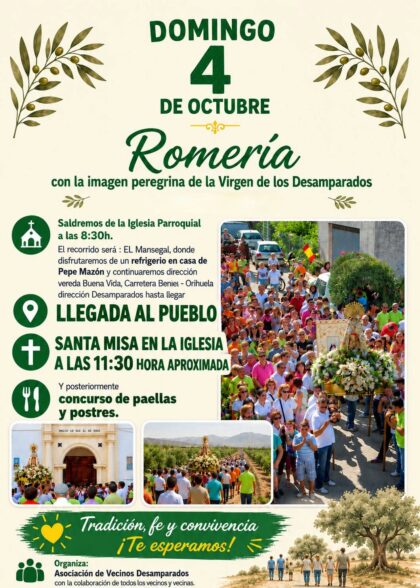 Desamparados de Orihuela, evento: Romería con la imagen peregrina de la Virgen de los Desamparados, dentro de las fiestas patronales en honor a la Virgen de los Desamparados organizadas por la Comisión de Fiestas